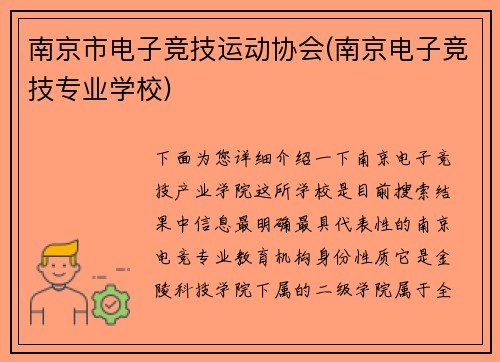 南京市电子竞技运动协会(南京电子竞技专业学校)